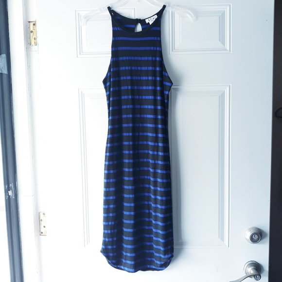 LNA Black Blue Striped Bodycon Midi Dress Sz S - Picture 2 of 9